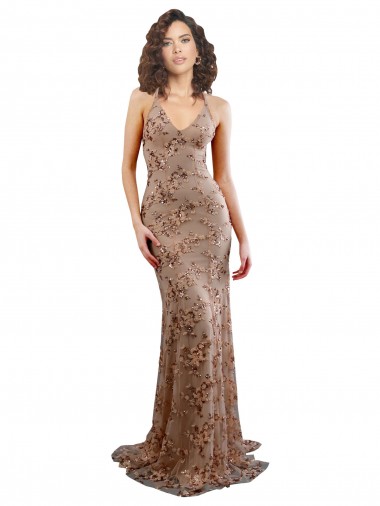 High Neck Long Stretch Crepe & Sequin Tulle Rose Gold Sleeveless Formal Evening Gown / Prom Dress / Bridesmaid Dress Essex