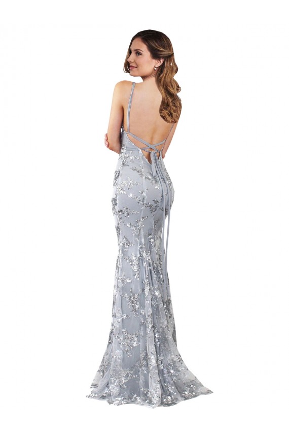 High Neck Long Stretch Crepe & Sequin Tulle Silver Sleeveless Formal Evening Gown / Prom Dress / Bridesmaid Dress Essex