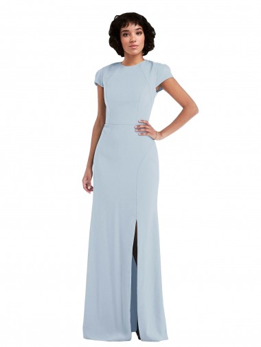 Jewel Neck Long Stretch Crepe Light Sky Blue Cap Sleeves Semi Formal Evening Dress / Bridesmaid Dress Essex