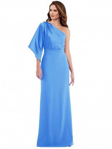 One Shoulder Long Stretch Crepe Peacock Blue Bell Sleeves Semi Formal Evening Dress / Prom Dress / Bridesmaid Dress Essex