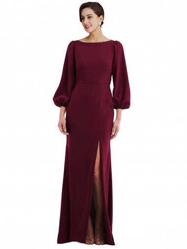 Bateau Neck Long Stretch Crepe Burgundy Gold Long Sleeves Formal Evening Gown / Prom Dress / Bridesmaid Dress Essex