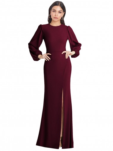 Bateau Neck Long Stretch Crepe Burgundy Gold Puff Sleeves Formal Dress / Bridesmaid Dress Essex