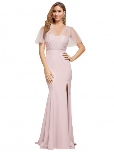 Sweetheart Long Stretch Crepe & Tulle Mauve Short Sleeves Formal Evening Gown / Prom Dress / Bridesmaid Dress Essex