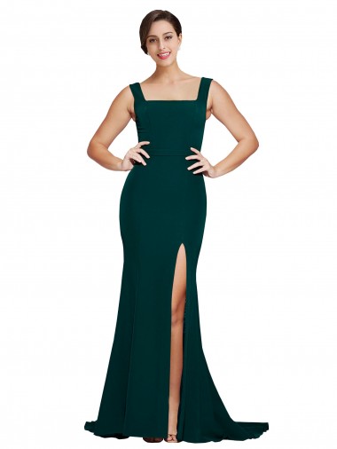 Square Neck Sweep Train Stretch Crepe Midnight Green Sleeveless Semi Formal Evening Dress / Prom Dress / Bridesmaid Dress Essex