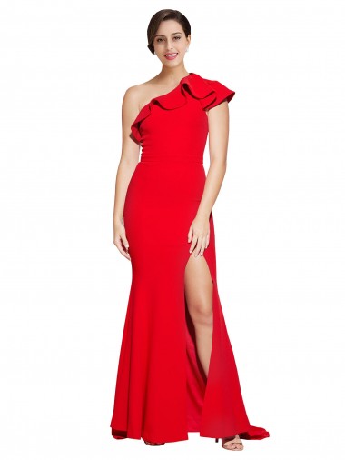 One Shoulder Sweep Train Stretch Crepe Red Sleeveless Semi Formal Evening Dress / Prom Dress / Bridesmaid Dress Essex