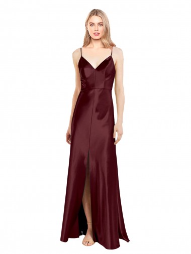 V-Neck Long Stretch Satin Burgundy Gold Sleeveless Bridesmaid Dress / Evening Dress Essex