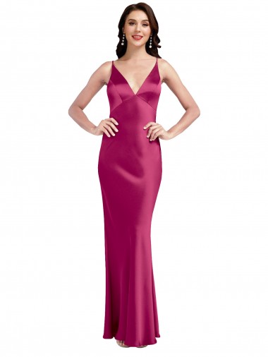 V-Neck Long Stretch Satin Fuchsia Sleeveless Formal Evening Dress / Bridesmaid Dress Essex