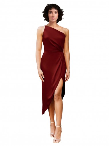 One Shoulder Midi Length Stretch Satin Burgundy Sleeveless Black Tie Evening Gown / Prom Dress / Bridesmaid Dress Essex