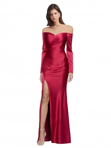 Sweetheart Long Stretch Satin Dark Red Long Sleeves Formal Evening Gown / Prom Dress / Bridesmaid Dress Essex