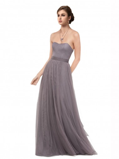 Spaghetti Straps Long Tulle Pewter Sleeveless Bridesmaid Dress Essex