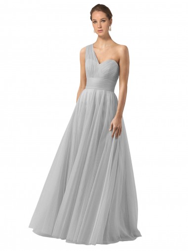 One Shoulder Long Tulle Silver Sleeveless Bridesmaid Gown Essex