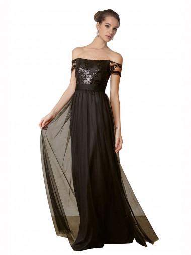 Off the Shoulder Long Tulle & Sequin Black Sleeveless Bridesmaid Dress Essex