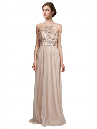 Halter Neck Long Tulle Nude Sleeveless Bridesmaid Dress Essex