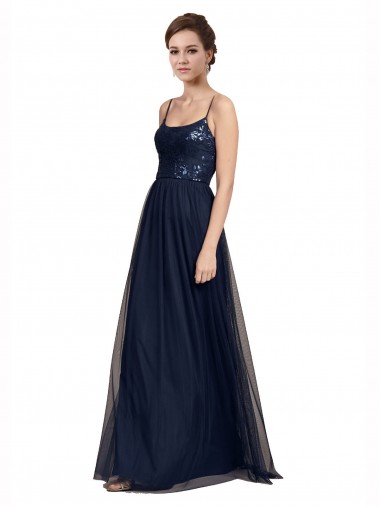 Spaghetti Straps Long Tulle & Lace Dark Navy Sleeveless Bridesmaid Dress Essex