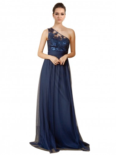 One Shoulder Sweep Train Tulle Dark Navy Sleeveless Bridesmaid Dress Essex