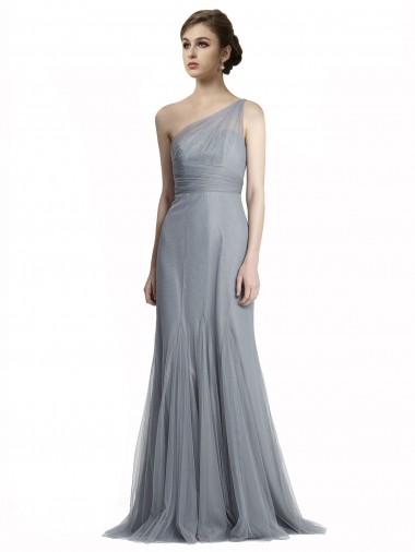 One Shoulder Long Tulle Slate Grey Sleeveless Bridesmaid Dress Essex