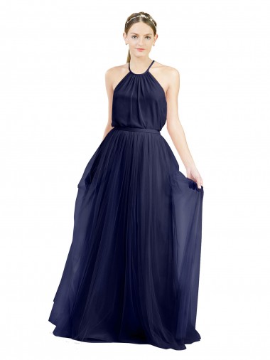 High Neck Long Tulle Navy Blue Sleeveless Semi Formal Evening Dress / Bridesmaid Dress Essex