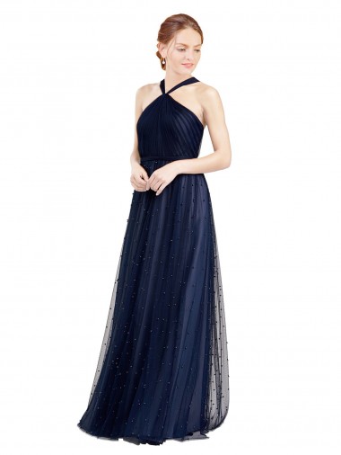 Halter Neck Long Tulle Navy Blue Sleeveless Bridesmaid Dress / Evening Dress Essex