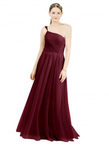 One Shoulder Long Tulle Burgundy Sleeveless Semi Formal Evening Dress / Bridesmaid Dress Essex