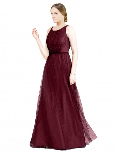 Boat Neck Long Tulle Burgundy Sleeveless Semi Formal Evening Dress / Bridesmaid Dress Essex