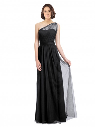 One Shoulder Long Tulle Black Sleeveless Bridesmaid Dress Essex