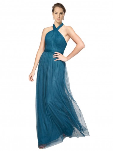 High Neck Long Tulle Teal Green Sleeveless Bridesmaid Dress Essex