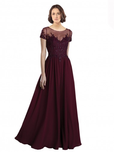 Jewel Neck Long Tulle & Soft Chiffon Burgundy Gold Cap Sleeves Bridesmaid Dress Essex