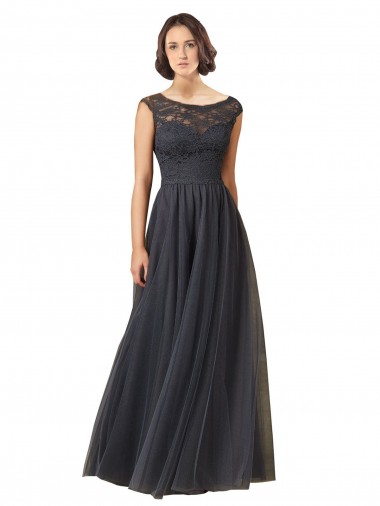 Bateau Neck Long Tulle & Lace Slate Grey Cap Sleeves Bridesmaid Dress Essex