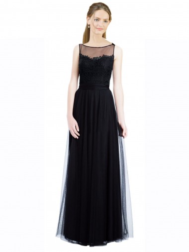 Illusion Neck Long Tulle & Lace Black Sleeveless Bridesmaid Dress Essex