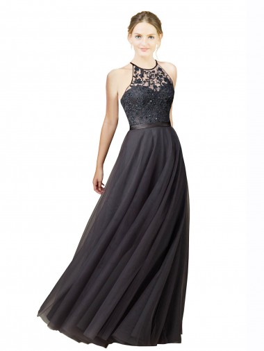 Sweetheart Long Tulle & Lace Slate Grey Sleeveless Bridesmaid Dress Essex