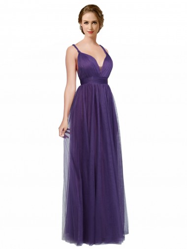 Bateau Neck Long Tulle Purple Sleeveless Bridesmaid Dress Essex