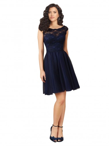 Bateau Neck Knee Length Tulle & Lace Dark Navy Sleeveless Bridesmaid Dress Essex