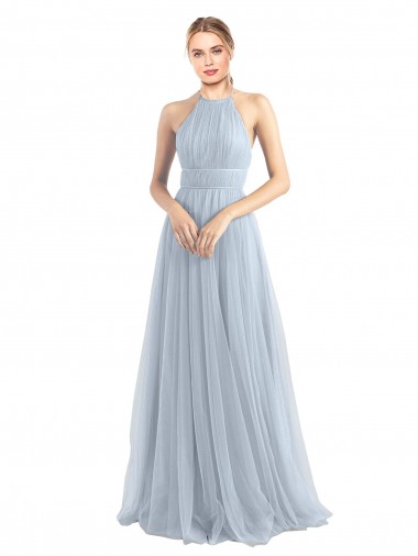 Halter Neck Long Tulle Light Sky Blue Sleeveless Bridesmaid Dress Essex