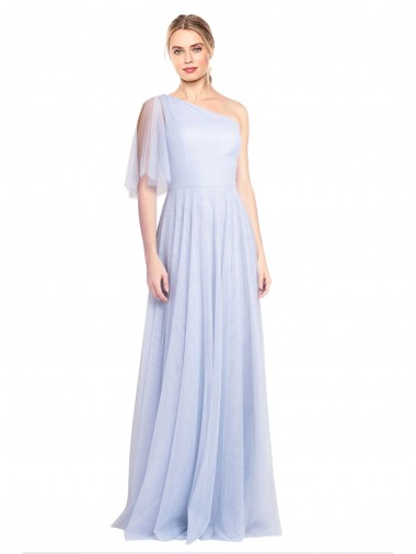 One Shoulder Long Tulle Light Sky Blue Flutter Sleeves Bridesmaid Dress Essex