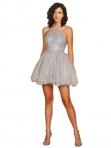 Halter Neck Short Tulle Silver Sleeveless Bridesmaid Dress Essex