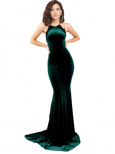 High Neck Sweep Train Stretch Velvet Dark Green Sleeveless Formal Evening Gown / Prom Dress / Bridesmaid Dress Essex