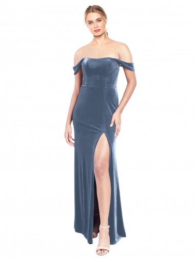 Strapless Long Stretch Velvet Dusty Blue Sleeveless Prom Dress / Bridesmaid Dress Essex