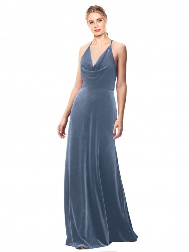 Cowl Neck Long Stretch Velvet Dusty Blue Sleeveless Prom Dress / Bridesmaid Dress Essex