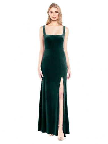 Square Neck Long Stretch Velvet Dark Green Sleeveless Prom Dress / Bridesmaid Dress Essex