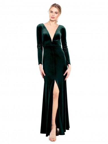 V-Neck Long Stretch Velvet Dark Green Long Sleeves Black Tie Prom Dress / Bridesmaid Dress Essex