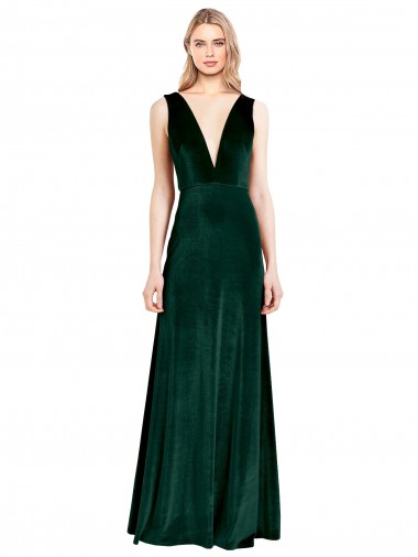 V-Neck Long Stretch Velvet Dark Green Sleeveless Bridesmaid Dress / Formal Dress Essex