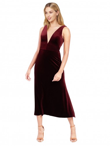 V-Neck Midi Length Stretch Velvet Burgundy Sleeveless Prom Dress / Bridesmaid Dress Essex