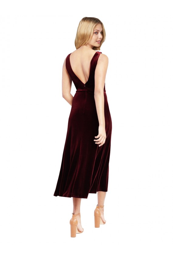 V-Neck Midi Length Stretch Velvet Burgundy Sleeveless Prom Dress / Bridesmaid Dress Essex