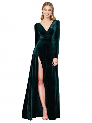 V-Neck Sweep Train Stretch Velvet Dark Green Long Sleeves Black Tie Evening Gown / Prom Dress / Bridesmaid Dress Essex