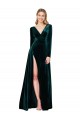 V-Neck Sweep Train Stretch Velvet Dark Green Long Sleeves Black Tie Evening Gown / Prom Dress / Bridesmaid Dress Essex