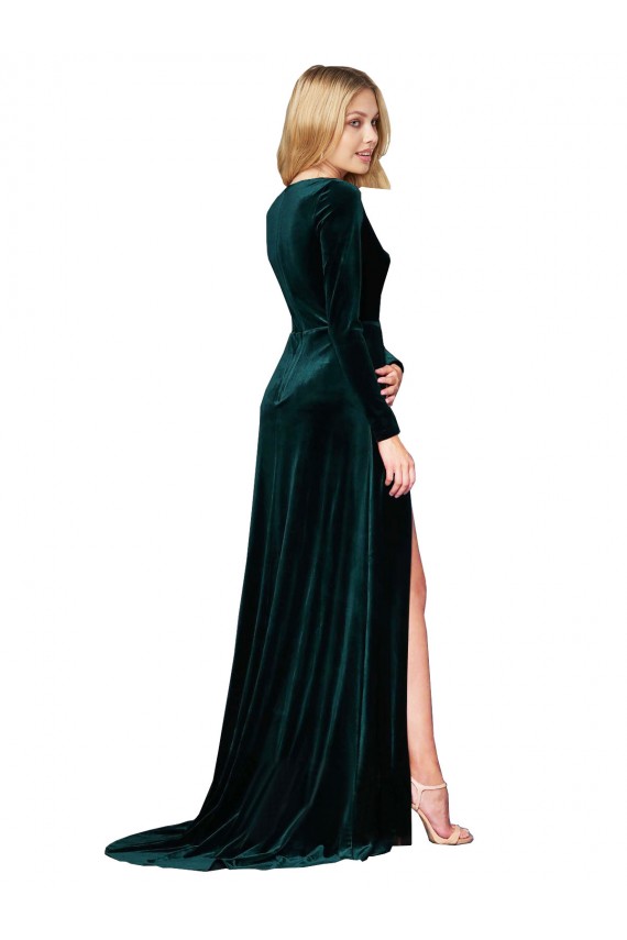 V-Neck Sweep Train Stretch Velvet Dark Green Long Sleeves Black Tie Evening Gown / Prom Dress / Bridesmaid Dress Essex