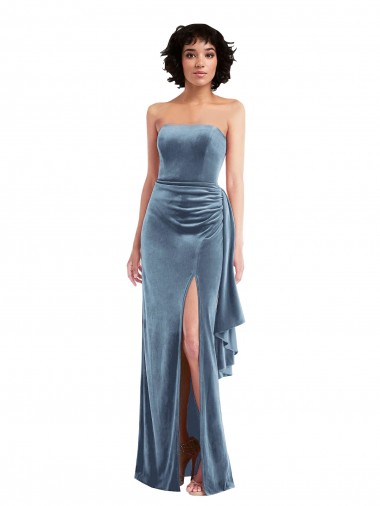 Strapless Long Stretch Velvet Dusty Blue Sleeveless Formal Evening Gown / Prom Dress / Bridesmaid Dress Essex