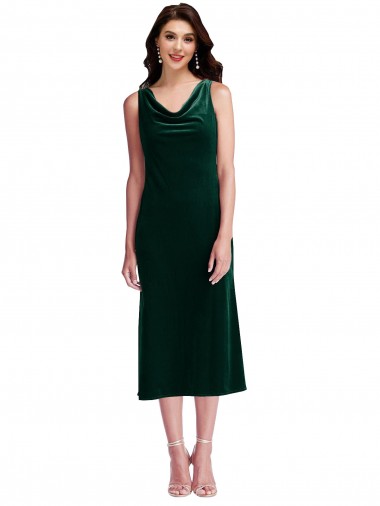 Cowl Neck Midi Length Stretch Velvet Dark Green Sleeveless Evening Gown / Prom Dress / Bridesmaid Dress Essex