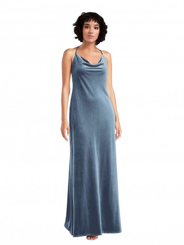 Cowl Neck Long Stretch Velvet Dusty Blue Sleeveless Bridesmaid Dress / Evening Dress Essex