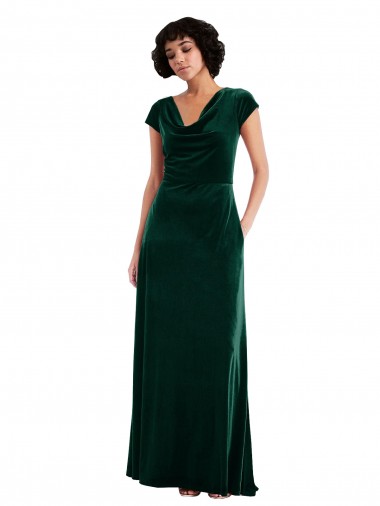 Cowl Neck Long Stretch Velvet Dark Green Cap Sleeves Black Tie Evening Gown / Prom Dress / Bridesmaid Dress Essex